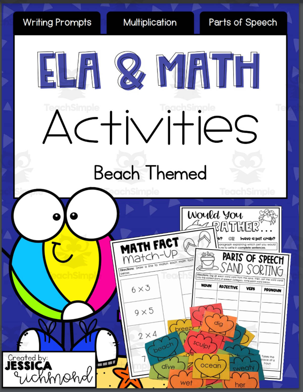 An educational teaching resource from Jessica Richmond entitled Beach Week ELA Math downloadable at Teach Simple.