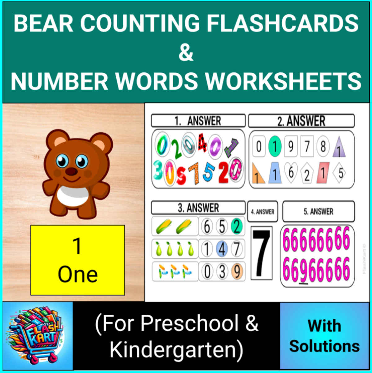 An educational teaching resource from FlashKart entitled Bear Counting Flashcards and Number Words Worksheets for Pre-K & KG downloadable at Teach Simple.