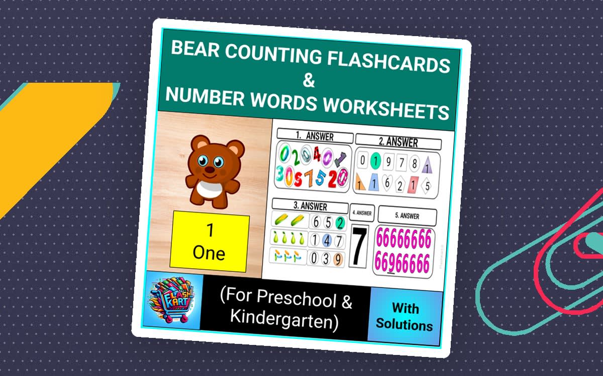 An educational teaching resource from FlashKart entitled Bear Counting Flashcards and Number Words Worksheets for Pre-K & KG downloadable at Teach Simple.
