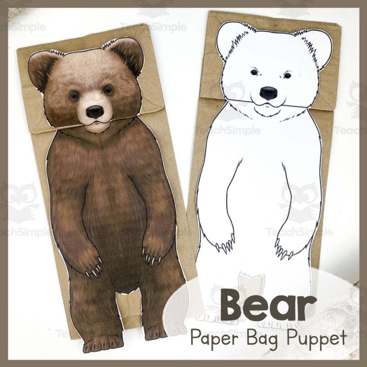 An educational teaching resource from Simply Schoolgirl entitled Bear Paper Bag Puppet | Art Activity| Bear Craft downloadable at Teach Simple.