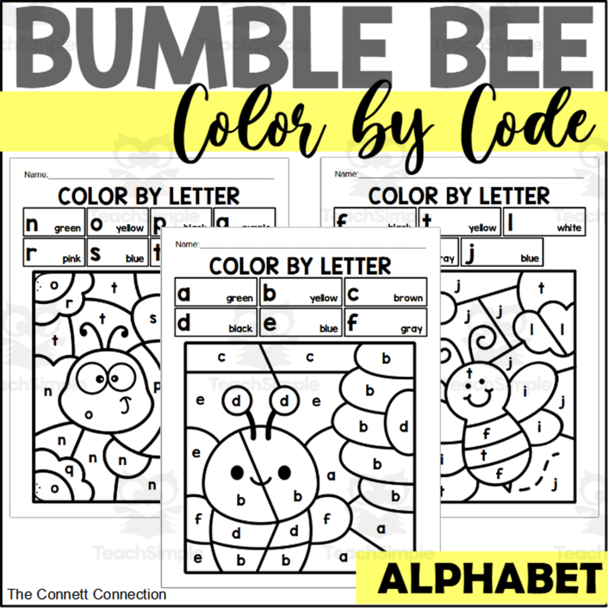 An educational teaching resource from The Connett Connection entitled Bee Alphabet Color by Code for Lowercase Letters downloadable at Teach Simple.