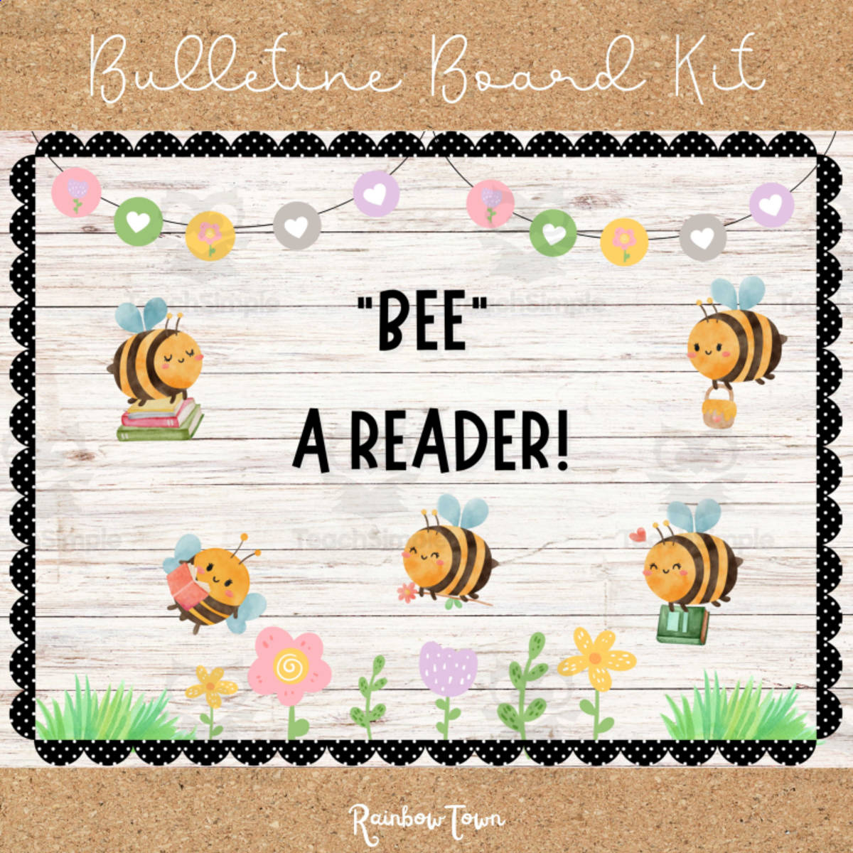 An educational teaching resource from RainbowTown entitled Bee Happy Reading Bulletin Board Spring Summer Library Boards Door Decor downloadable at Teach Simple.