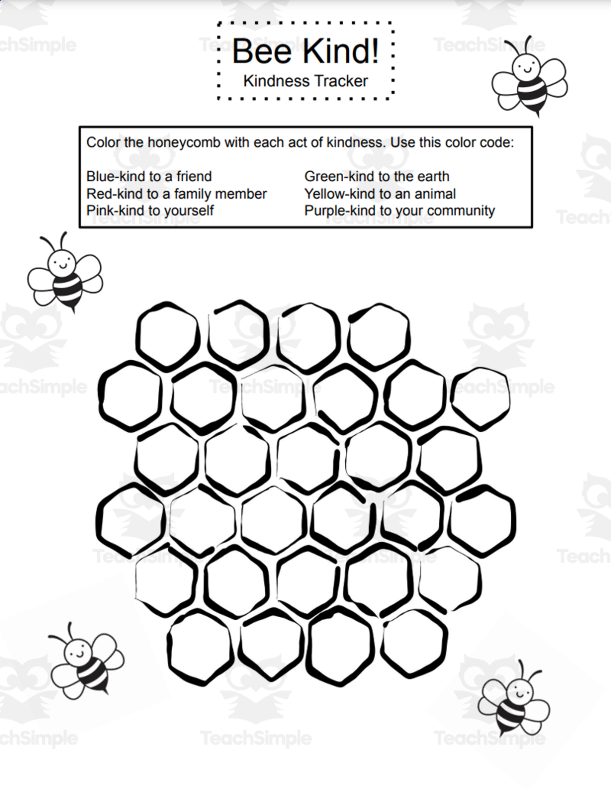 An educational teaching resource from Jennifer Moyer Taylor entitled Bee Kind Kindness Tracker-SEL FREEBIE! downloadable at Teach Simple.