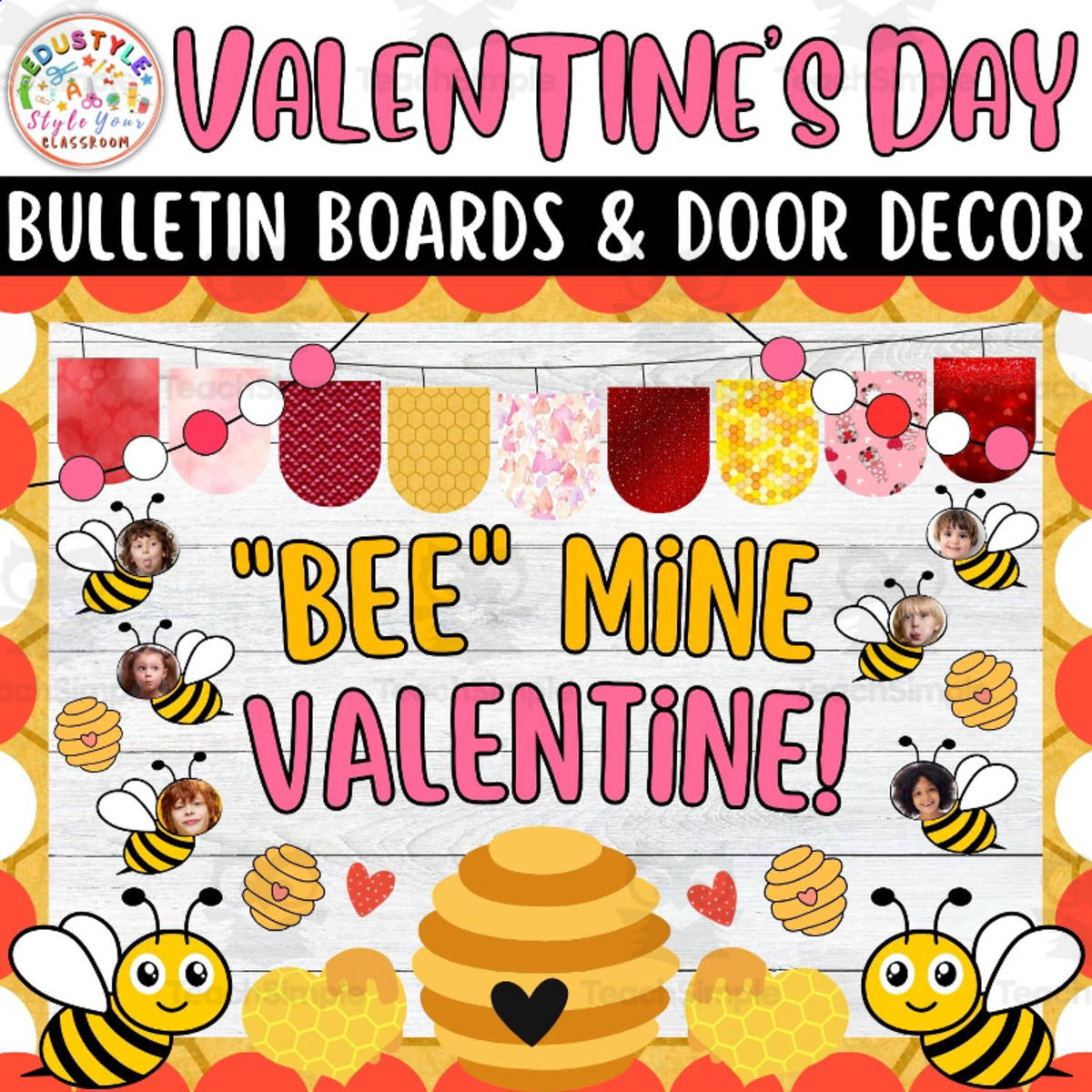 An educational teaching resource from Style Your Classroom entitled Bee Mine Valentine!: Valentines Day Bulletin Boards & Door Decor downloadable at Teach Simple.