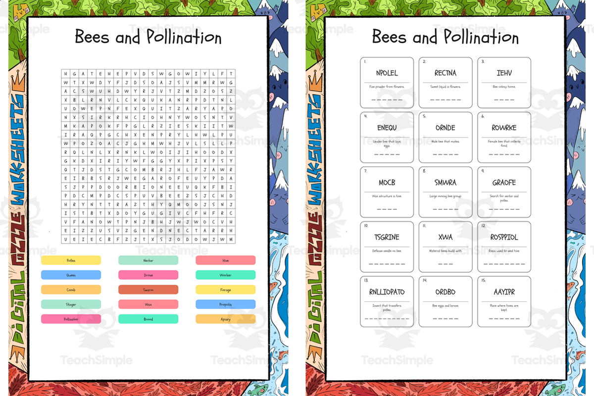 An educational teaching resource from Lapiiin Art Activities entitled Bees and Pollination word search, scramble and crossword puzzle downloadable at Teach Simple.