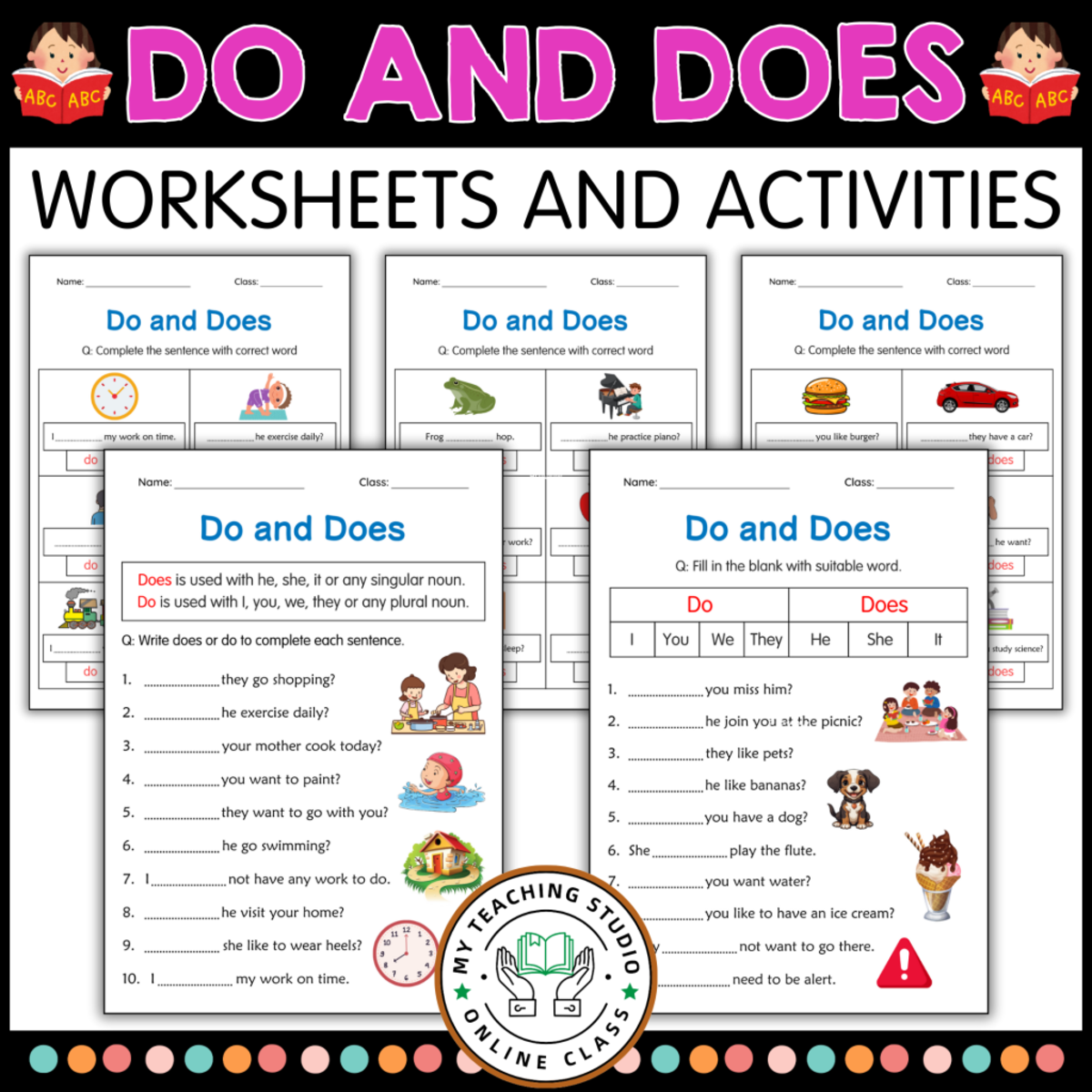 An educational teaching resource from Clever Crafters entitled Beginner Do and Does Grammar Activity Worksheets for Grade 2 downloadable at Teach Simple.
