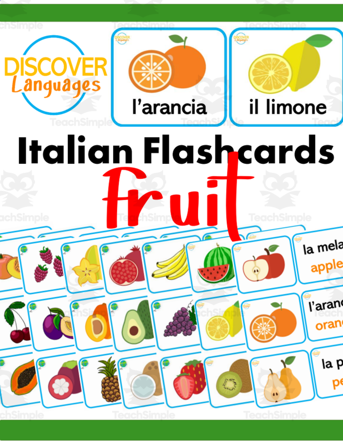 An educational teaching resource from Discover Languages entitled Beginner Italian Flash Cards - Fruit / Frutta downloadable at Teach Simple.
