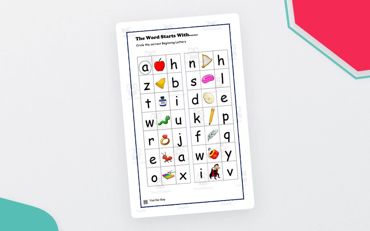 An educational teaching resource from KD's Kids School Shop entitled Beginning and Ending Letters Worksheet downloadable at Teach Simple.