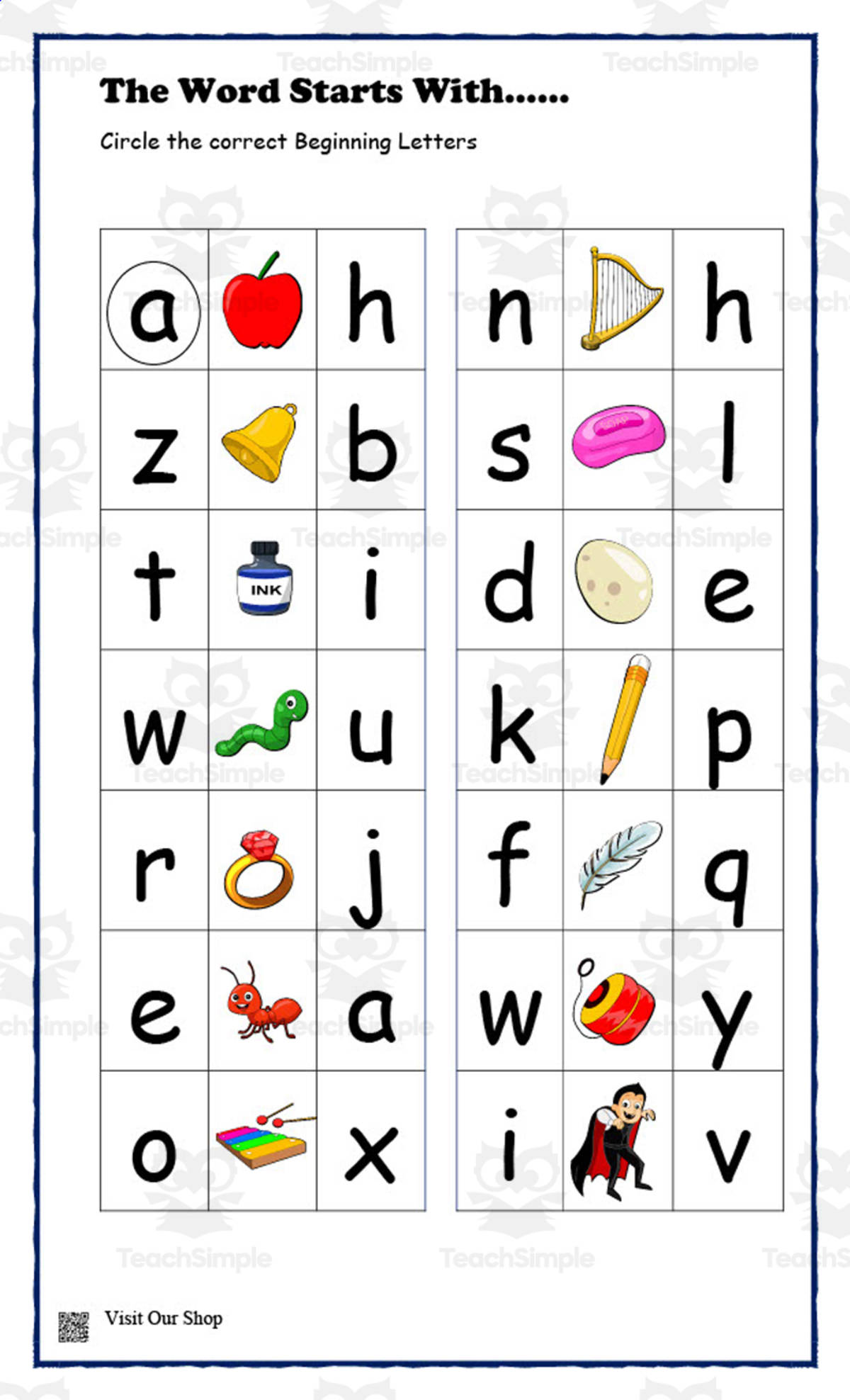 An educational teaching resource from KD's Kids School Shop entitled Beginning and Ending Letters Worksheet downloadable at Teach Simple.