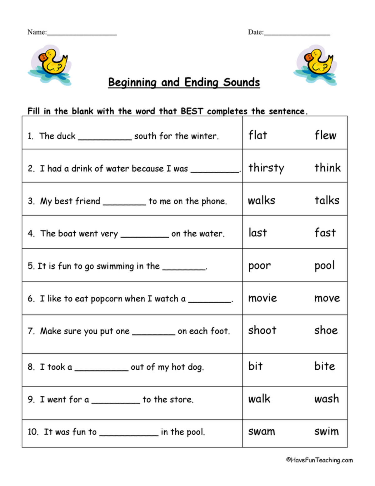 An educational teaching resource from Have Fun Teaching entitled Beginning and Ending Sounds Worksheet downloadable at Teach Simple.
