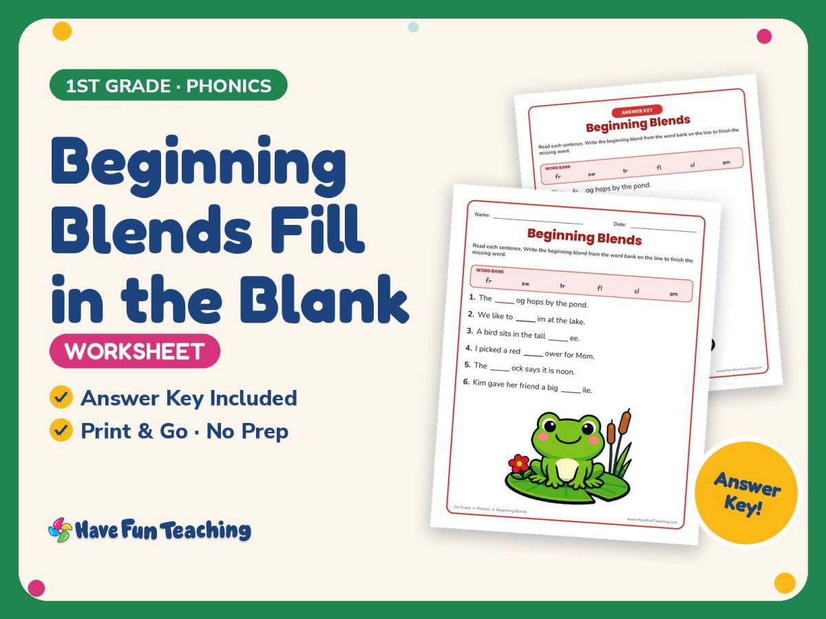 Beginning Blends Fill in the Blank Worksheet – 1st Grade Consonants preview