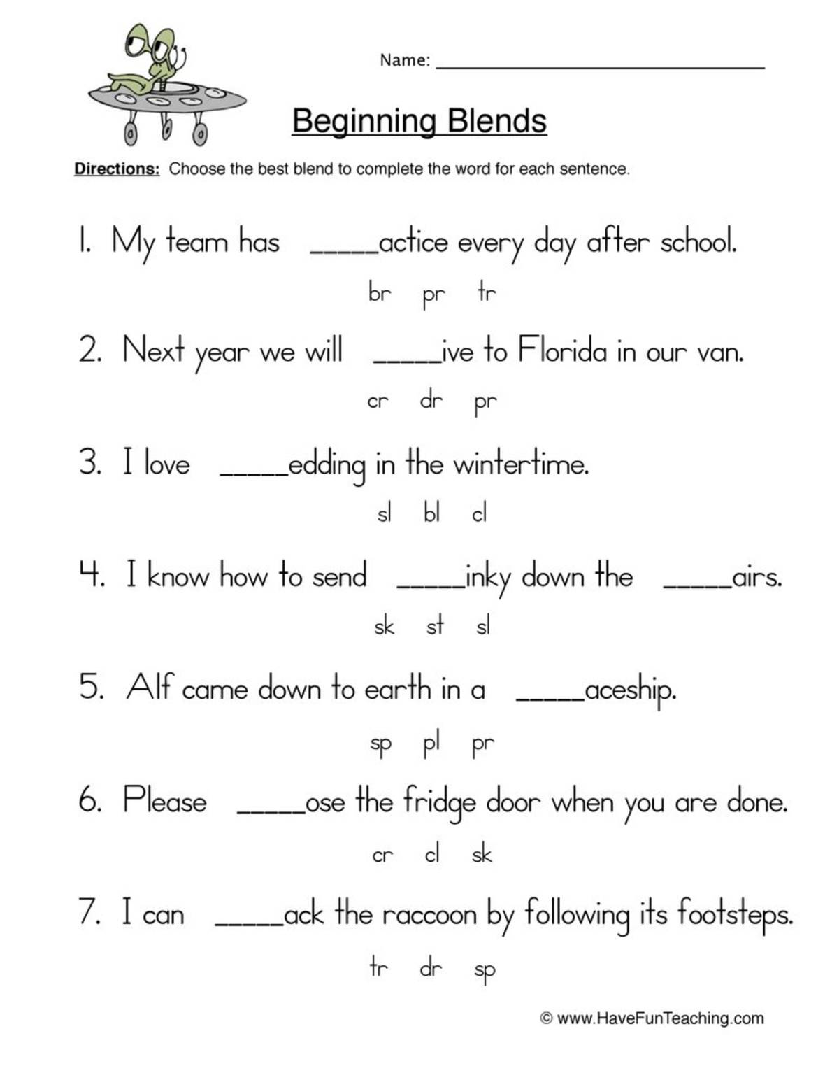 An educational teaching resource from Have Fun Teaching entitled Beginning Blends Fill in the Blank Worksheet downloadable at Teach Simple.
