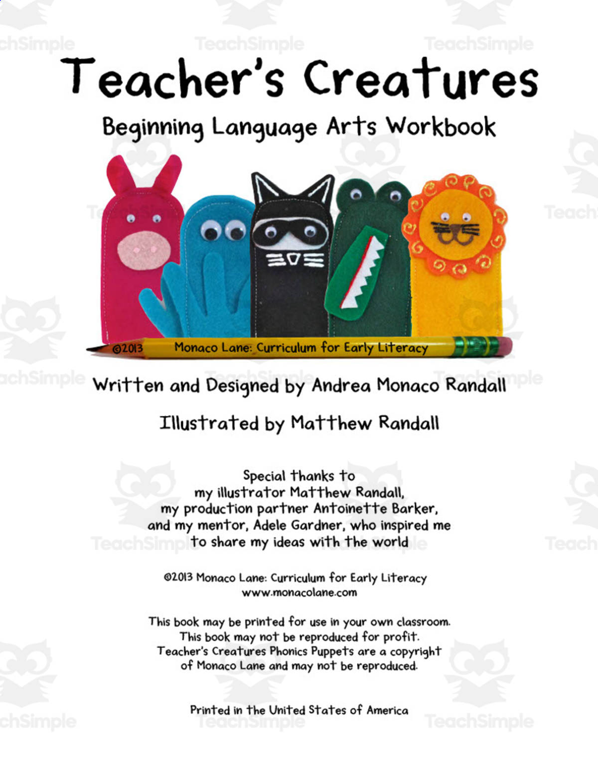 An educational teaching resource from Monaco Lane Curriculum for Early Literacy entitled Beginning Language Arts Workbook downloadable at Teach Simple.