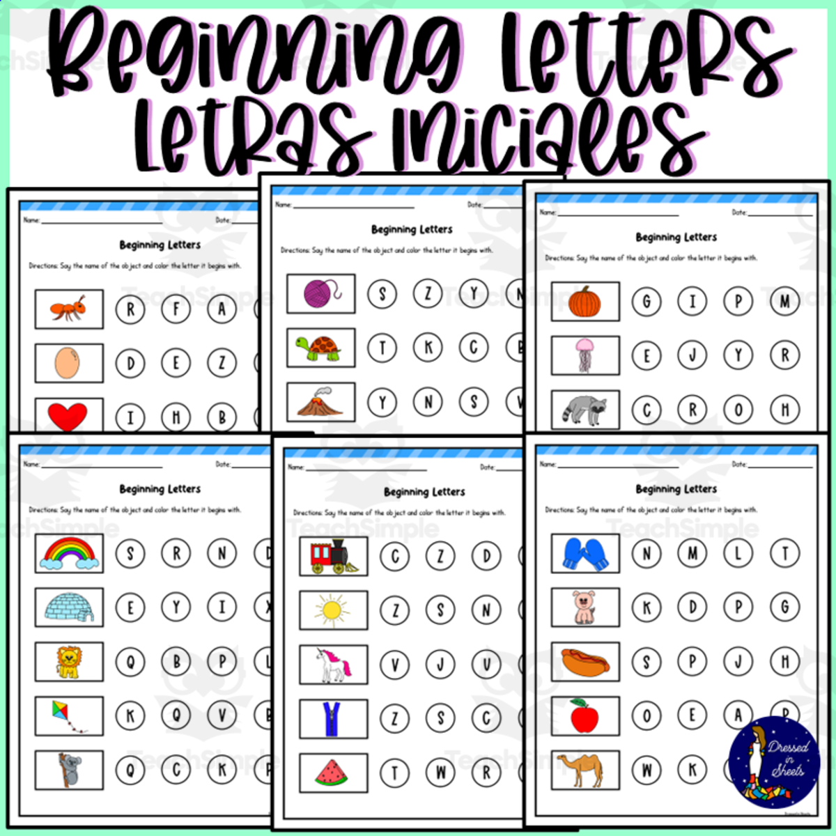 An educational teaching resource from Soumara Siddiqui entitled Beginning Letters Letras Iniciales downloadable at Teach Simple.