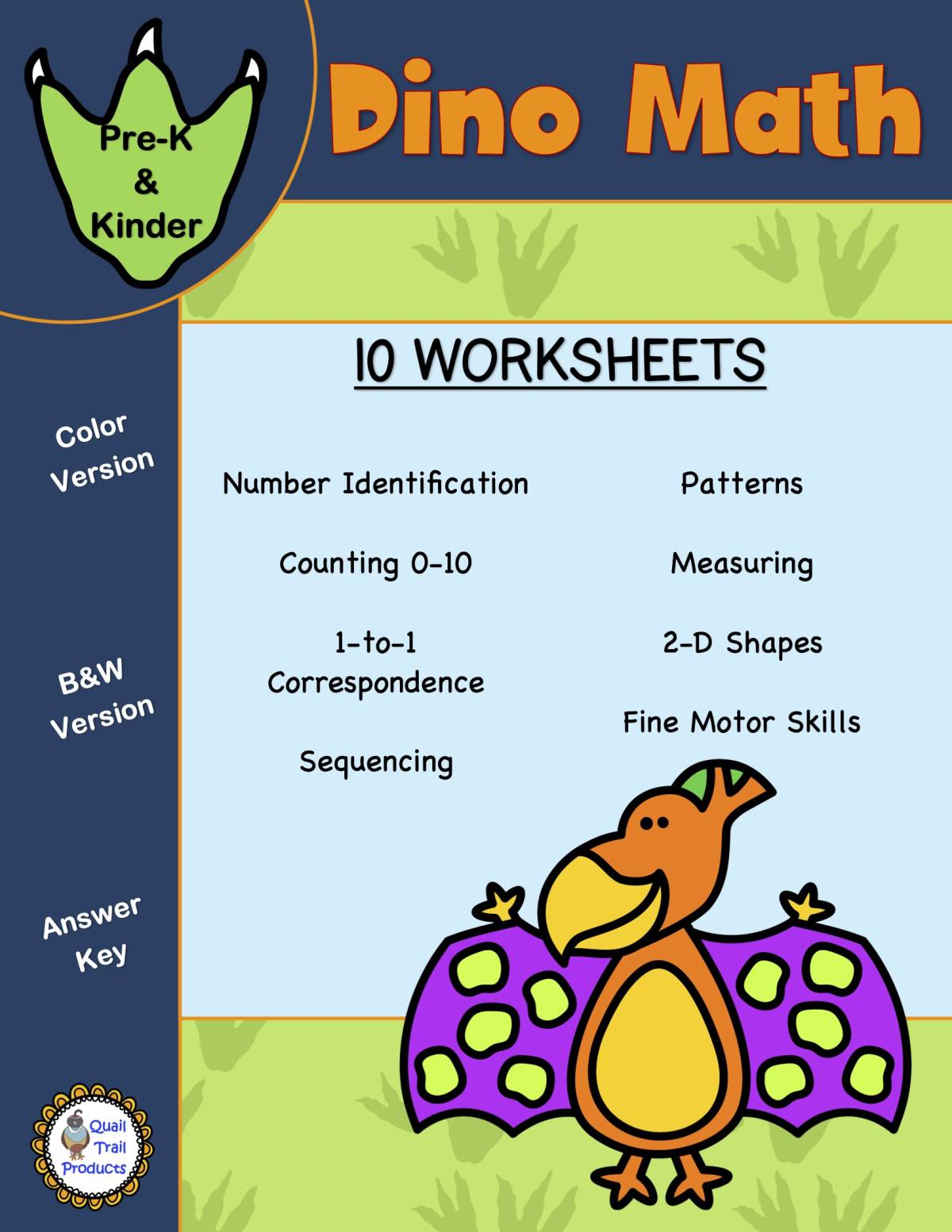 An educational teaching resource from Quail Trail Products entitled Beginning Math Skills Worksheets | Dinosaur Theme downloadable at Teach Simple.