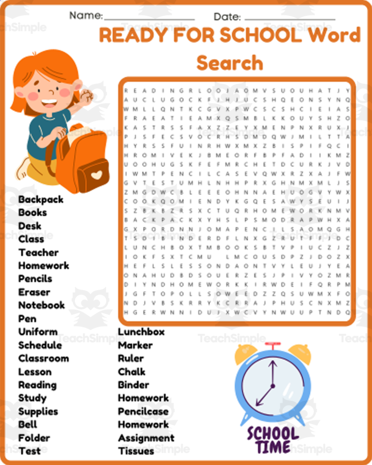 An educational teaching resource from space shope entitled BEGINNING OF THE YEAR Word Search Puzzle Worksheet Activity downloadable at Teach Simple.