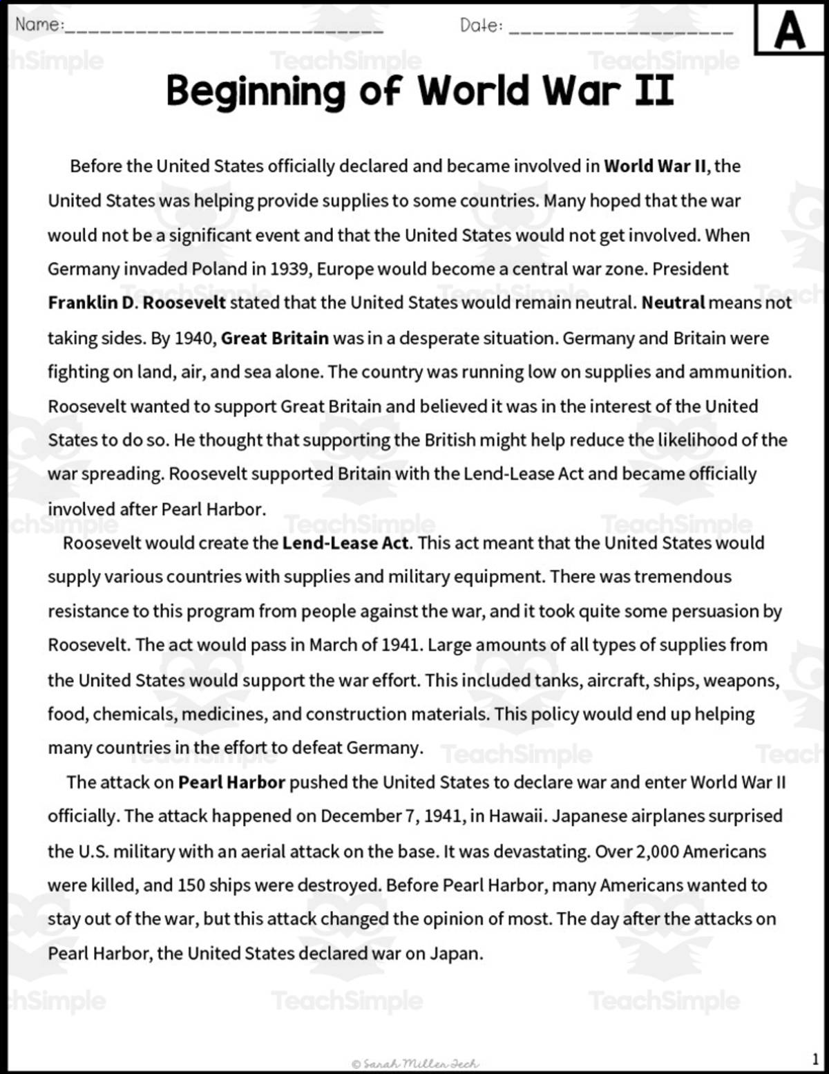 An educational teaching resource from Sarah Miller Tech entitled Beginning of World War II Reading Packet downloadable at Teach Simple.
