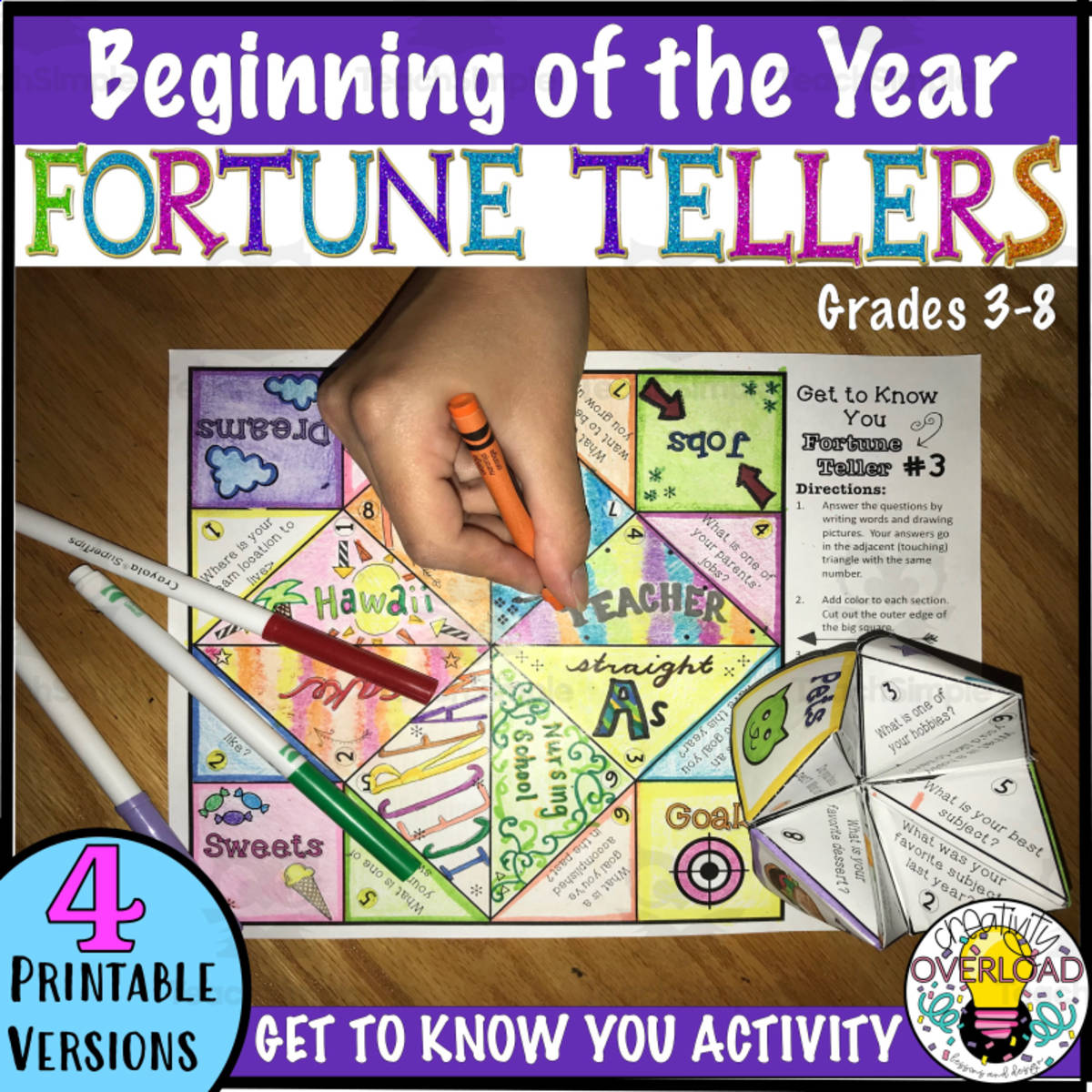An educational teaching resource from Creativity Overload entitled Beginning of Year Fortune Tellers Activity downloadable at Teach Simple.