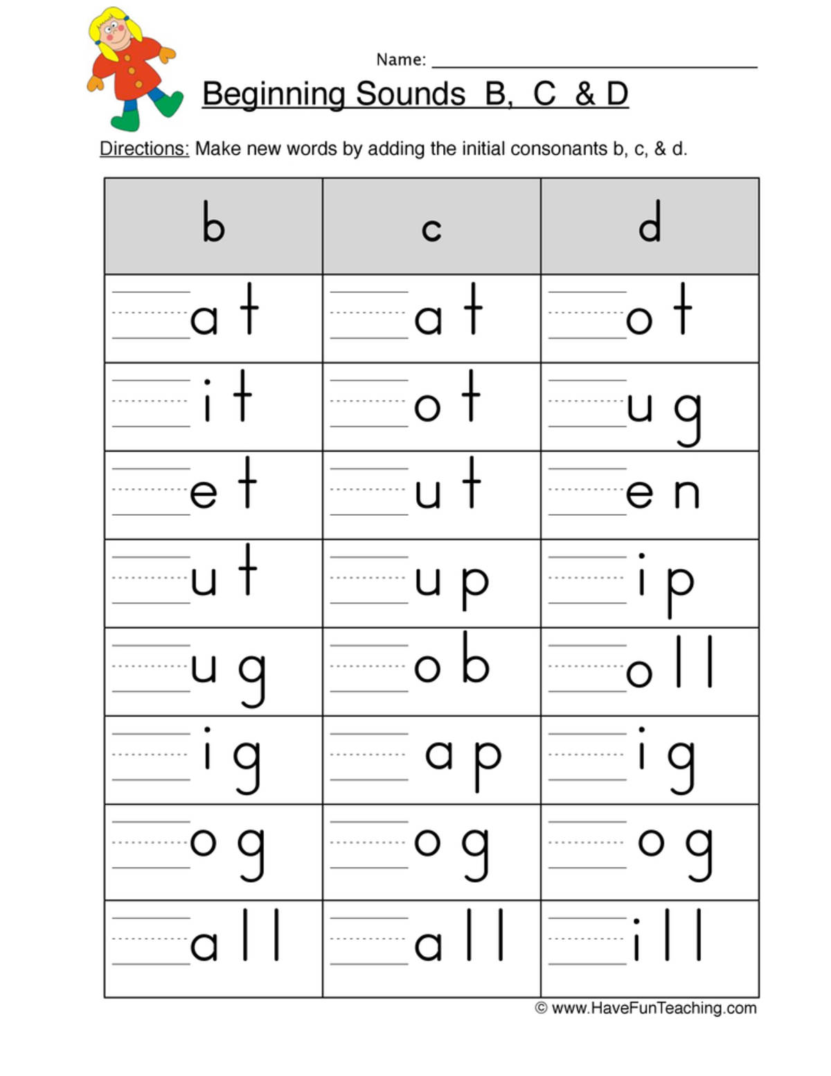An educational teaching resource from Have Fun Teaching entitled Beginning Sounds B C D Worksheet downloadable at Teach Simple.