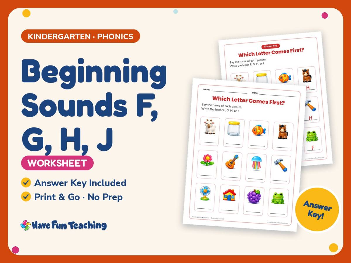 Beginning Sounds F, G, H, J Worksheet – Kindergarten Consonants preview