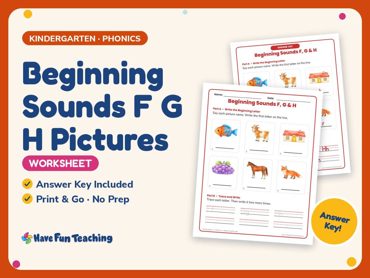 Beginning Sounds F G H Pictures Worksheet – Kindergarten Consonants preview