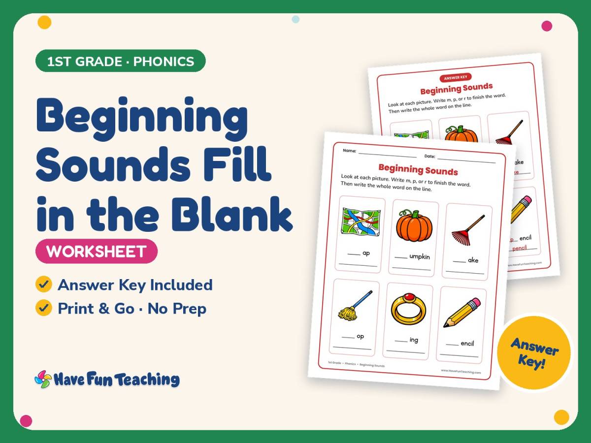 Beginning Sounds Fill in the Blank Worksheet – 1st Grade Consonants preview