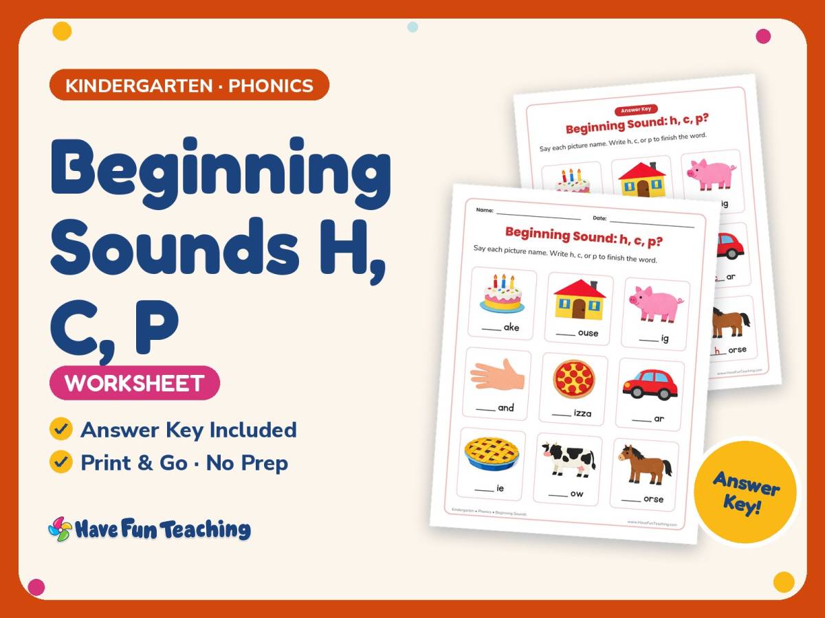 Beginning Sounds H, C, P Worksheet – Kindergarten Consonants Practice preview