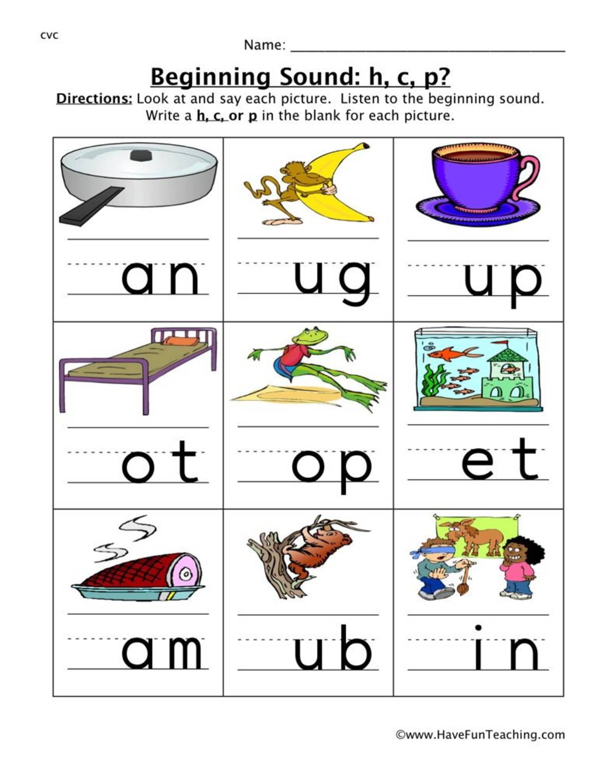 An educational teaching resource from Have Fun Teaching entitled Beginning Sounds H, C, P Worksheet downloadable at Teach Simple.