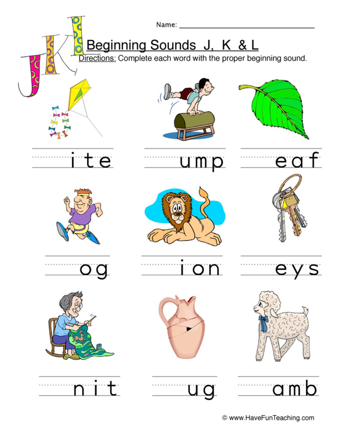 An educational teaching resource from Have Fun Teaching entitled Beginning Sounds J K L Worksheet - Pictures downloadable at Teach Simple.