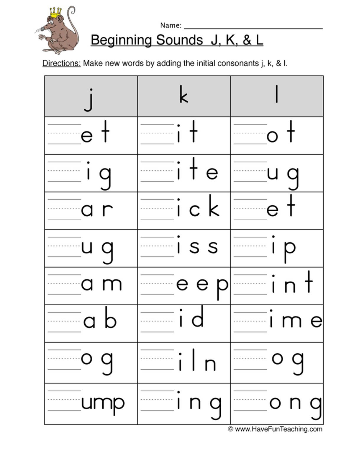 An educational teaching resource from Have Fun Teaching entitled Beginning Sounds J K L Worksheet downloadable at Teach Simple.