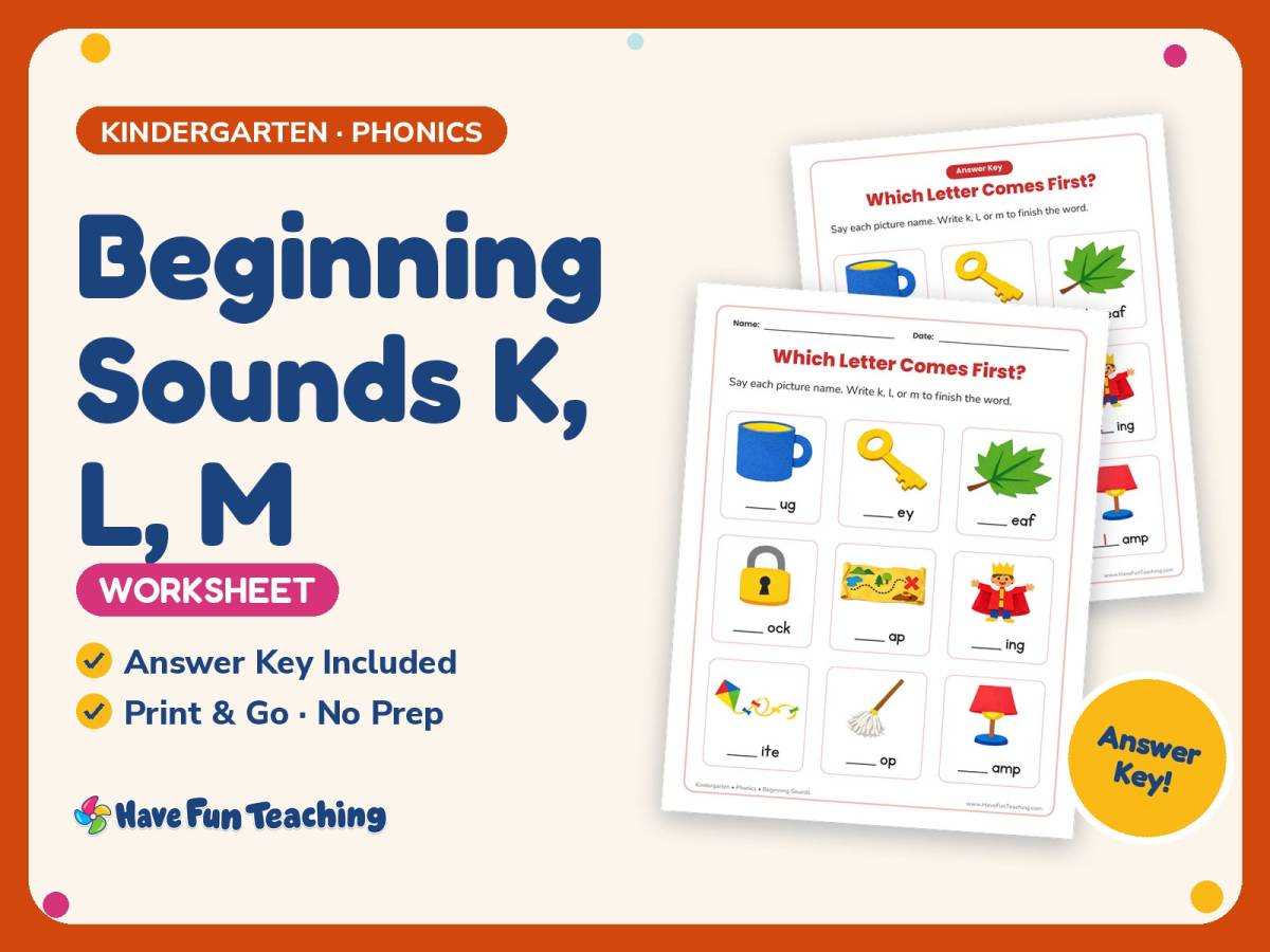 Beginning Sounds K, L, M Worksheet – Kindergarten Consonants Practice preview