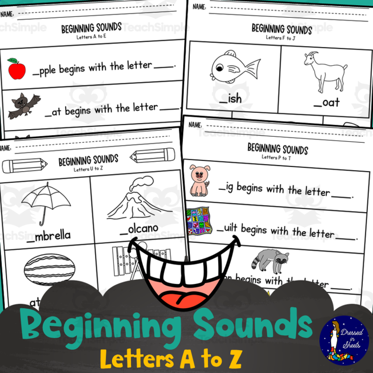 An educational teaching resource from Soumara Siddiqui entitled Beginning Sounds Letters A to Z downloadable at Teach Simple.