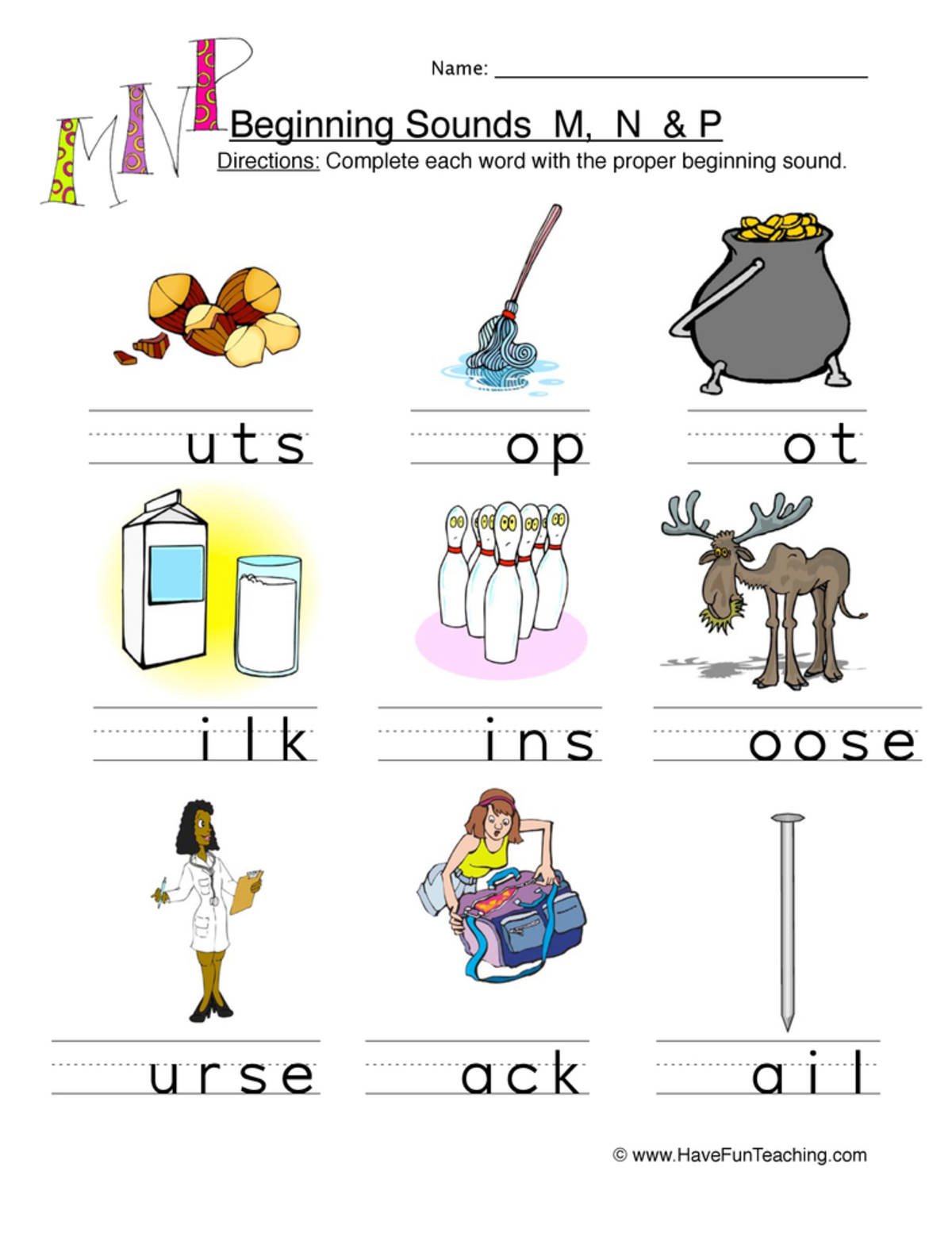 An educational teaching resource from Have Fun Teaching entitled Beginning Sounds M N P Pictures Worksheet downloadable at Teach Simple.