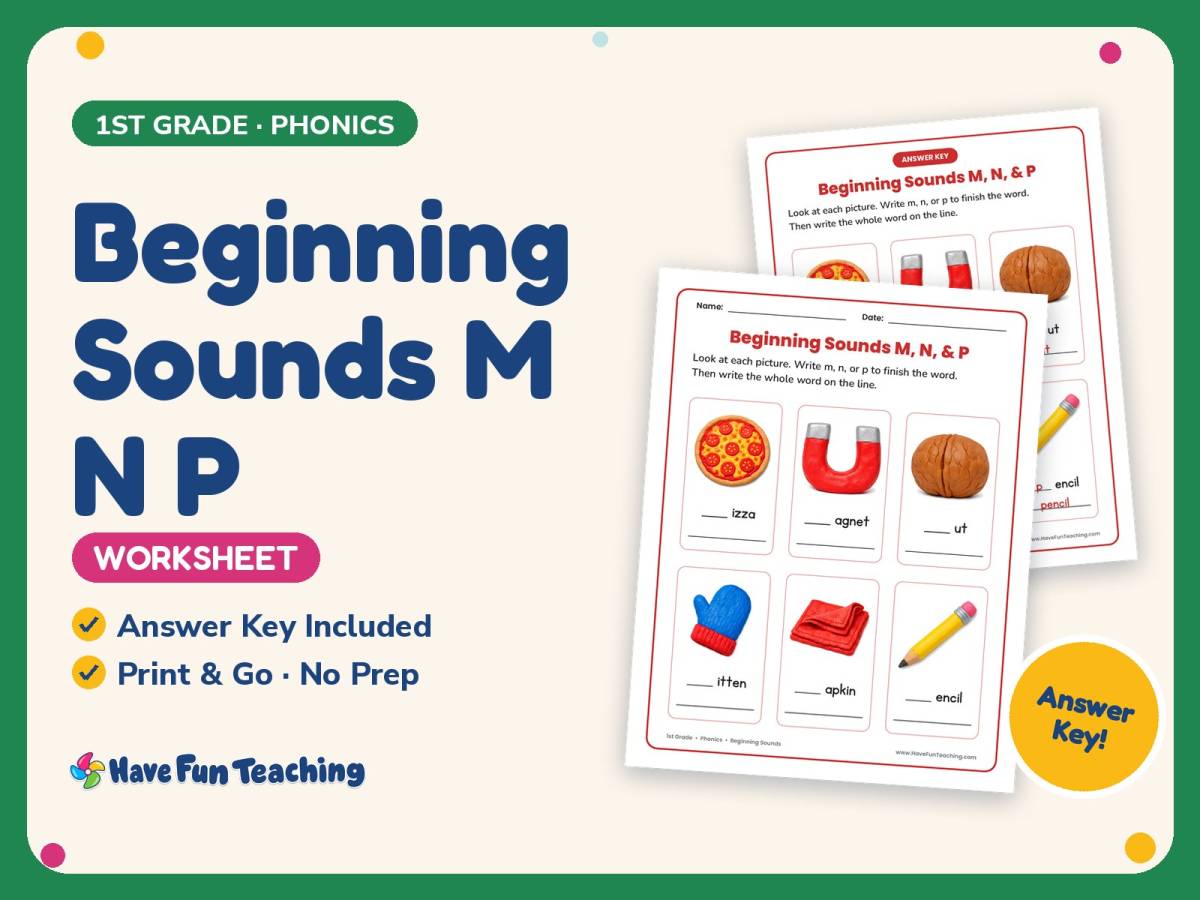 Beginning Sounds M N P Worksheet – 1st Grade Consonants Practice preview