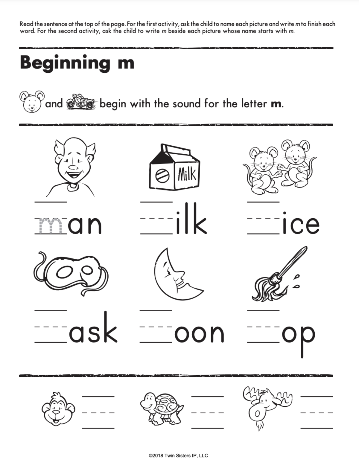 An educational teaching resource from Twin Sisters Digital Media entitled Beginning Sounds M-Z Printable Workbook downloadable at Teach Simple.