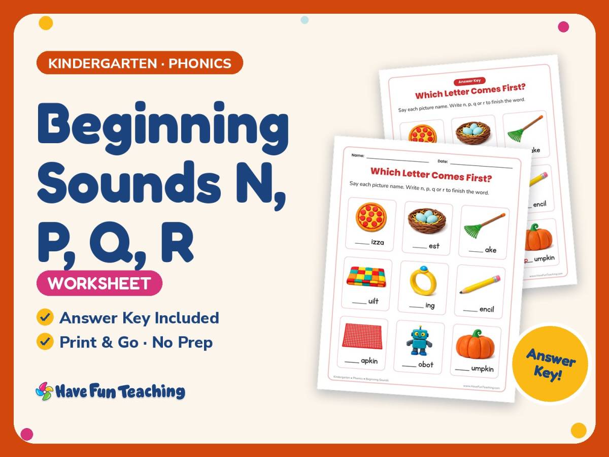 Beginning Sounds N, P, Q, R Worksheet – Kindergarten Consonants preview