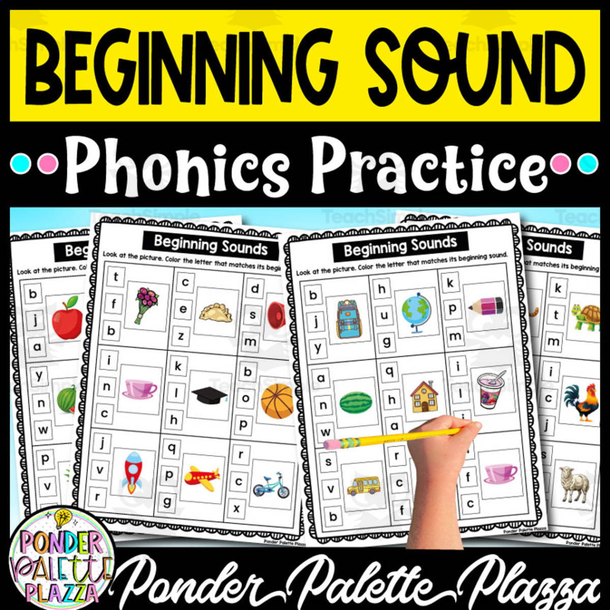 An educational teaching resource from Ponder Palette Plazza entitled Beginning Sounds - Phonics Practice downloadable at Teach Simple.