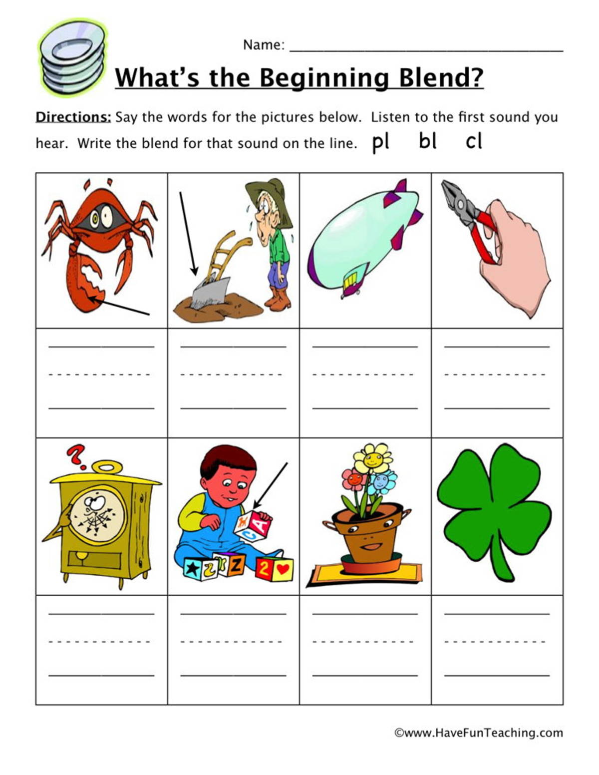 An educational teaching resource from Have Fun Teaching entitled Beginning Sounds PL, BL, CL Worksheet downloadable at Teach Simple.