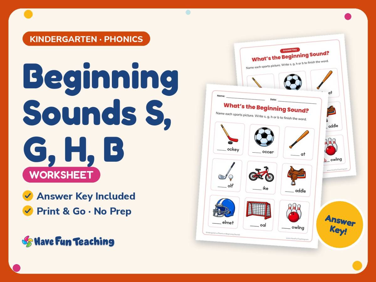 Beginning Sounds S, G, H, B Worksheet – Kindergarten Consonants preview