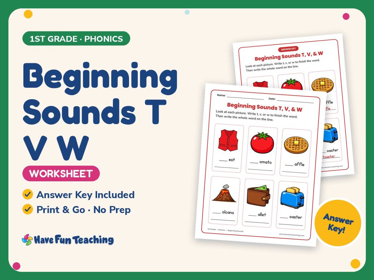 Beginning Sounds T V W Worksheet – 1st Grade Consonants Practice preview