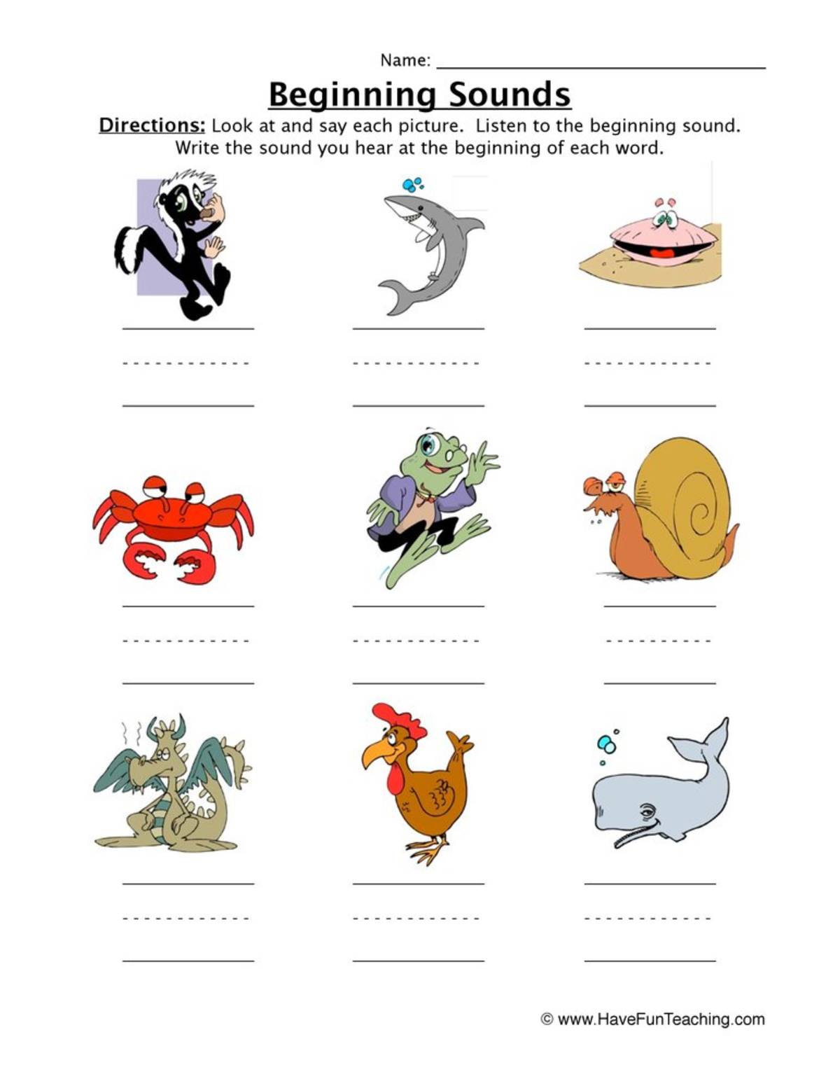 An educational teaching resource from Have Fun Teaching entitled Beginning Sounds Water Animals Worksheet downloadable at Teach Simple.