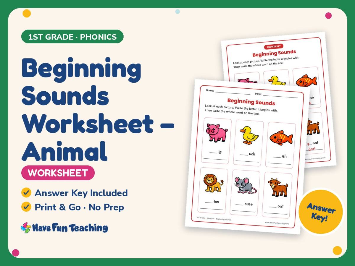 Beginning Sounds Worksheet – Animal – 1st Grade Consonants Practice preview