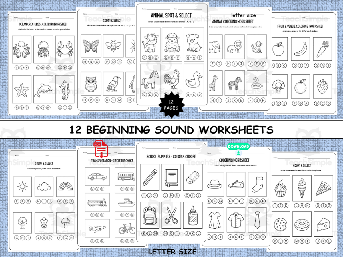 An educational teaching resource from LuminaPrint entitled Beginning Sounds Worksheets: 12 Print-and-Go Phonics Activities downloadable at Teach Simple.
