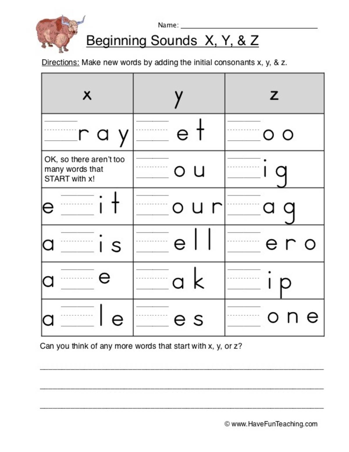 An educational teaching resource from Have Fun Teaching entitled Beginning Sounds X Y Z Worksheet downloadable at Teach Simple.