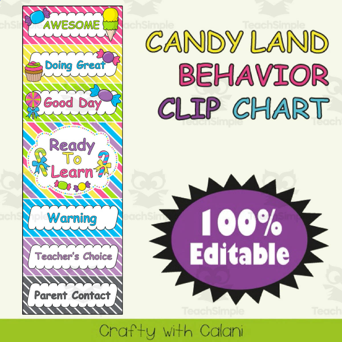 An educational teaching resource from Crafty with Calani entitled Behavior Clip Chart in Candy Land Theme - 100% Editable downloadable at Teach Simple.