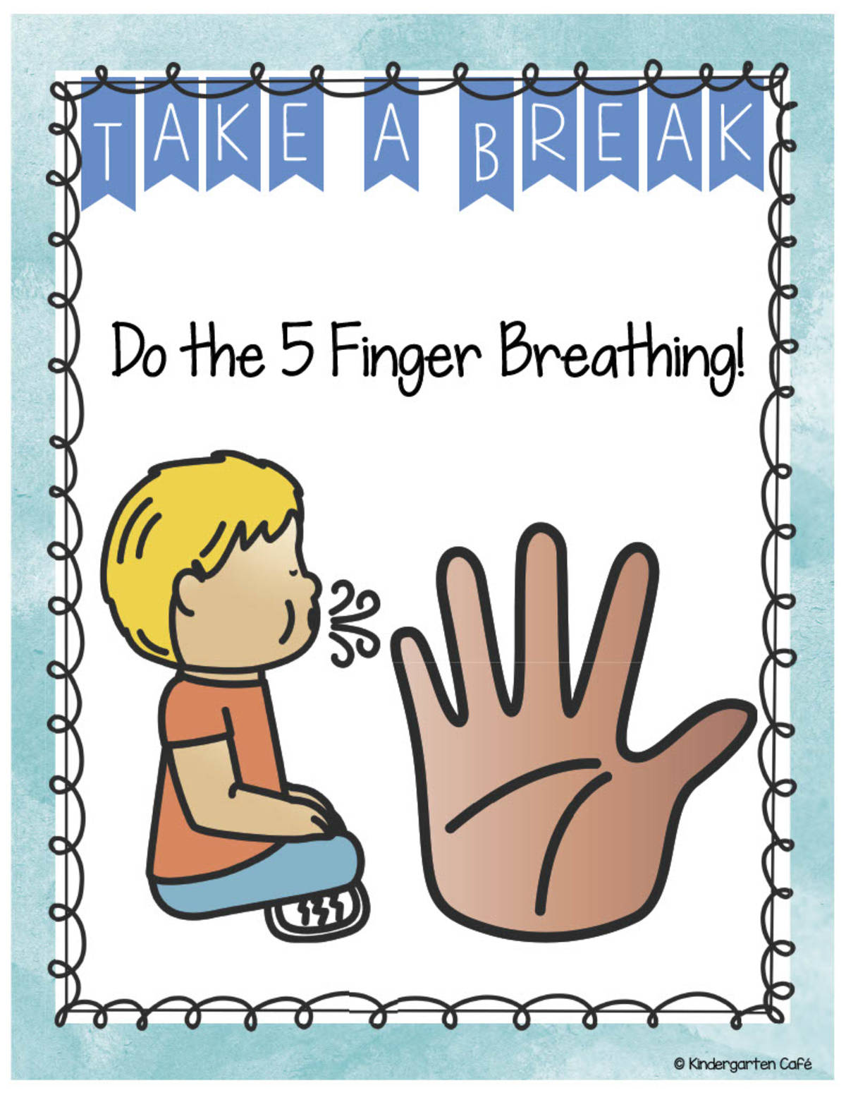 An educational teaching resource from Kindergarten Cafe entitled 5 Finger Breathing Calm-Down Posters – Set of 5 downloadable at Teach Simple.