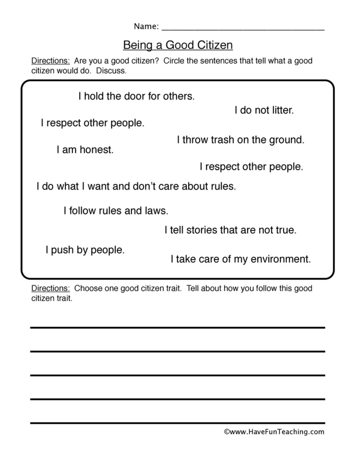 An educational teaching resource from Have Fun Teaching entitled Being a Good Citizen Worksheet downloadable at Teach Simple.