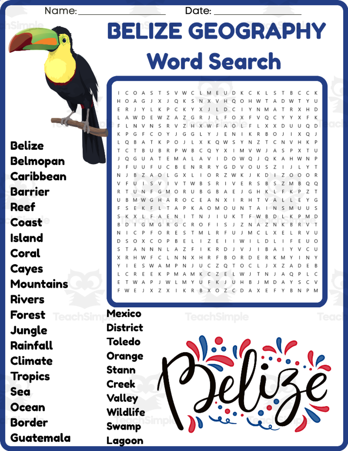 An educational teaching resource from space shope entitled Belize Geography Word Search Puzzle Worksheet Activity downloadable at Teach Simple.