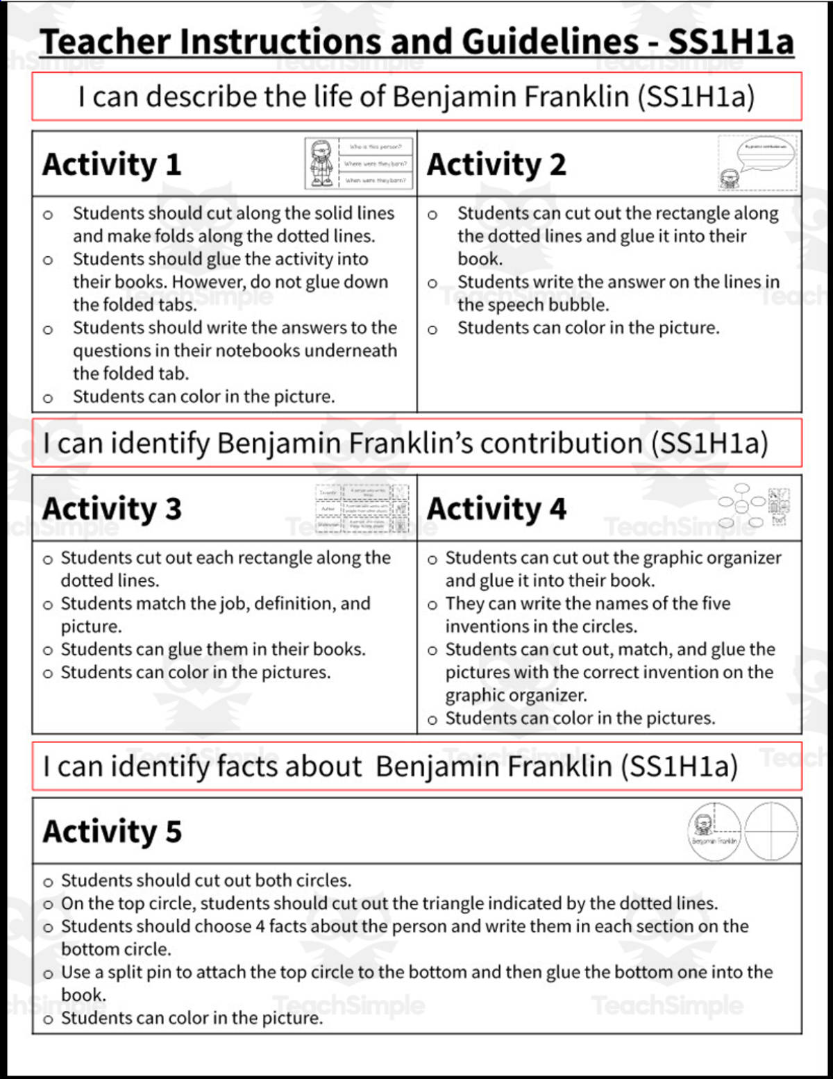 An educational teaching resource from Sarah Miller Tech entitled Benjamin Franklin Interactive Notebook | SS1H1a, SS1H1b, SS1G1a, SS1CG1 downloadable at Teach Simple.