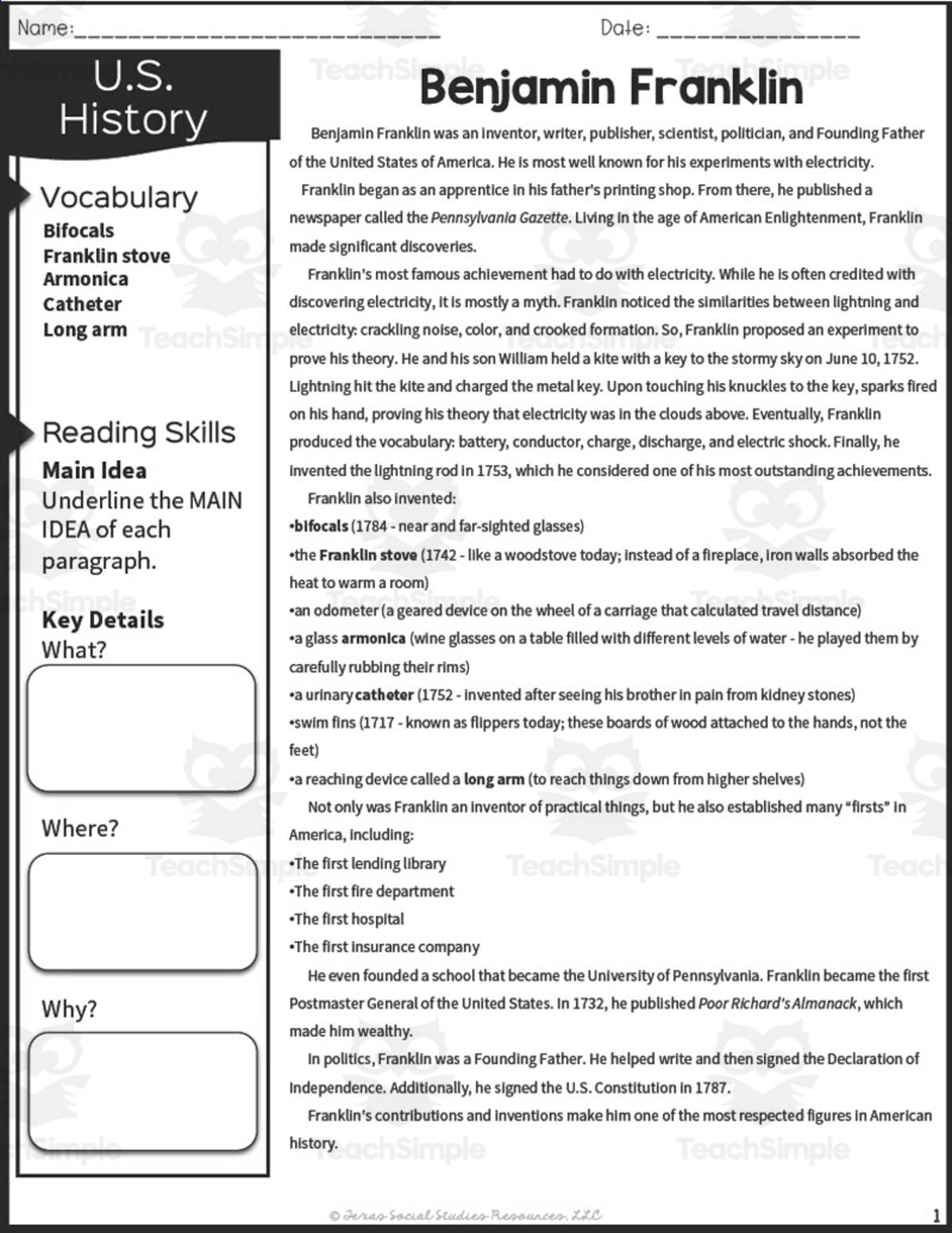 An educational teaching resource from Sarah Miller Tech entitled Benjamin Franklin Reading Packet downloadable at Teach Simple.